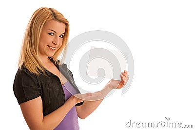 Beautiful blonde woman with blank banner for commercials isolate Stock Photo