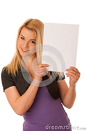 Beautiful blonde woman with blank banner for commercials isolate Stock Photo