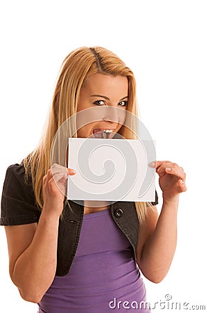 Beautiful blonde woman with blank banner for commercials isolate Stock Photo