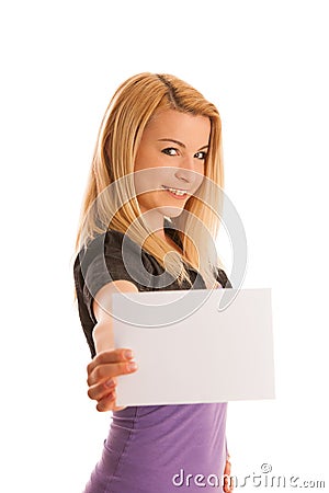 Beautiful blonde woman with blank banner for commercials isolate Stock Photo