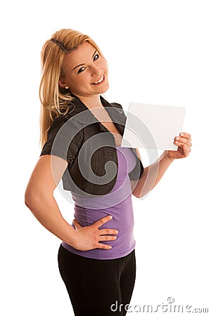 Beautiful blonde woman with blank banner for commercials isolate Stock Photo