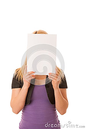 Beautiful blonde woman with blank banner for commercials isolate Stock Photo