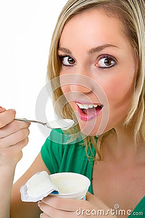 Beautiful blonde woman eating Stock Photo