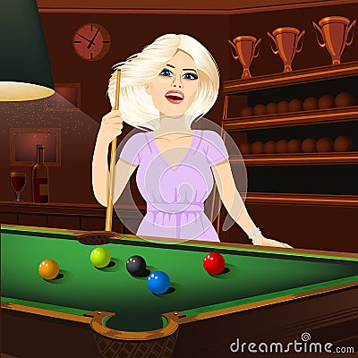 Beautiful blonde woman holding cue stick Vector Illustration