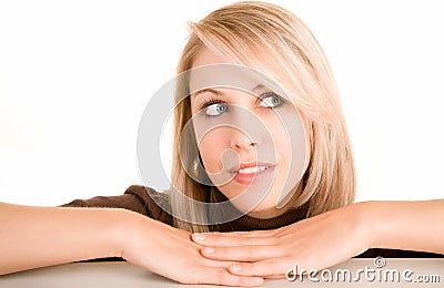 Beautiful Blonde Woman Looking Sideways Stock Photo