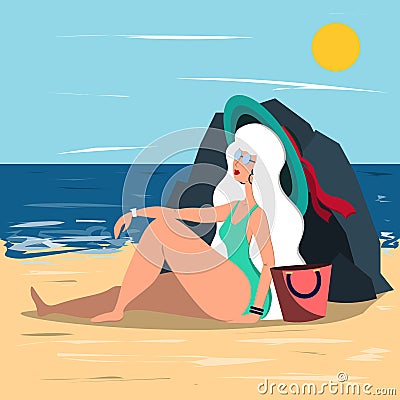 Beautiful blonde woman resting on the beach on a hot summer day. Illustration in flat style. Vector Illustration