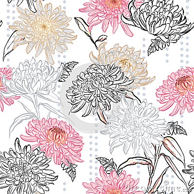 Beautiful blooming blooming chrysanthemum layer with stripe polka dots seamless pattern in vector design Stock Photo