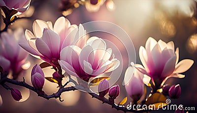 Beautiful blooming magnolia flower on branch, spring fresh air morning after rain. Natural sunlight bokeh. Generative AI Stock Photo