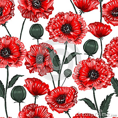 Beautiful blooming red poppy flowers seamless pattern illustration vector ,Design for fashion fabric,web,wallpaper,wrapping and Cartoon Illustration