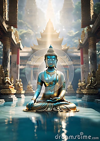 beautiful blue Budda statue in gold wearings in Samadhi against mountain temple and ocean water. religion concept. Digital artwork Stock Photo