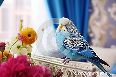 Beautiful blue budgerigar with flowers on sofa in room Stock Photo