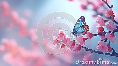 Beautiful blue butterfly in flight over branch of flowering apricot tree in spring Stock Photo