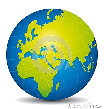 Beautiful blue and green 3d globe. Africa, Europe and Asia Vector Illustration