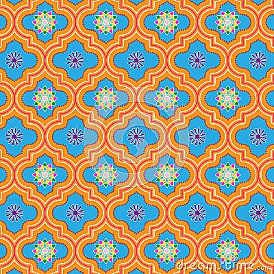 Beautiful blue and orange decorated Moroccan seamless pattern with colorful floral designs Vector Illustration