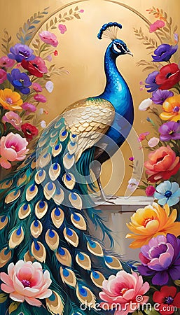 Beautiful blue peacock and flowers Stock Photo