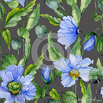 Beautiful blue poppy flowers with green leaves on dark gray background. Seamless floral pattern. Watercolor painting. Cartoon Illustration