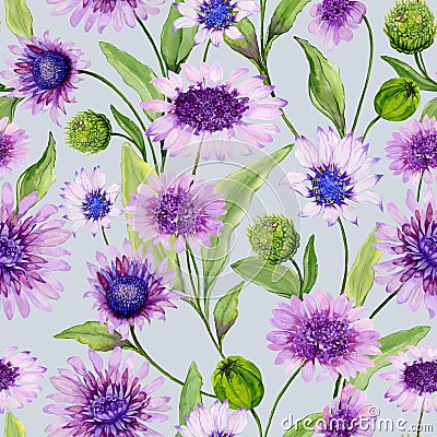 Beautiful blue and purple daisy flowers with green leaves on light background. Seamless spring pattern. Watercolor painting. Cartoon Illustration