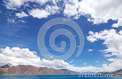 Beautiful blue sky and blue Pangong Lake, HDR Stock Photo