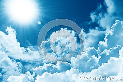 Beautiful blue sky white cloud sunshine. Religion concept heavenly background. Divine heavenly light. Peaceful nature background Stock Photo