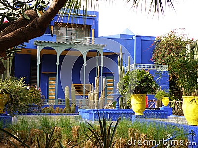 Beautiful Blue Villa in the Moroccan Style Garden, Marrakech, Morocco Stock Photo