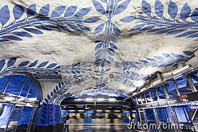 The beautiful blue and white decorated metro station T-Centralen Tcentralen in Stockholm central station, Sweden Editorial Stock Photo