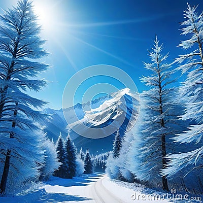 A beautiful bluish winter landscape with snowy trees and a huge mountain in the Cartoon Illustration