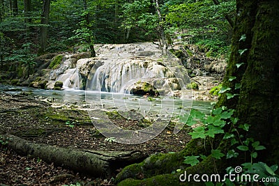 Beautiful blurred motion waterfall in the dark forest Stock Photo