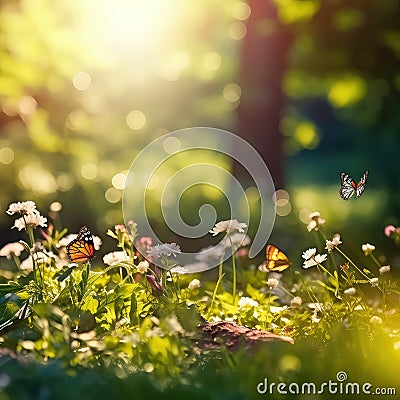 Beautiful blurred spring, summer background nature with blooming wildflowers, wild flowers in grass and butterflies soaring in Stock Photo