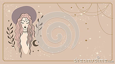 Beautiful boho girl with long hair in a hat, esoteric female banner for text, template for astrology, flyer, tarot cover Vector Illustration