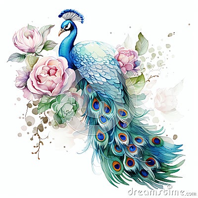 beautiful boho peacock and peonies clipart illustration Cartoon Illustration