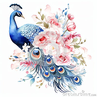 beautiful boho peacock and peonies clipart illustration Cartoon Illustration