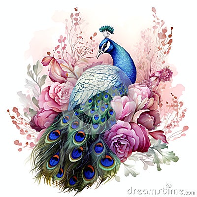 beautiful boho peacock and peonies clipart illustration Cartoon Illustration