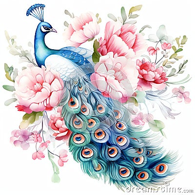 beautiful boho peacock and peonies clipart illustration Cartoon Illustration