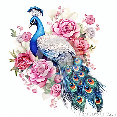 beautiful boho peacock and roses clipart illustration Cartoon Illustration