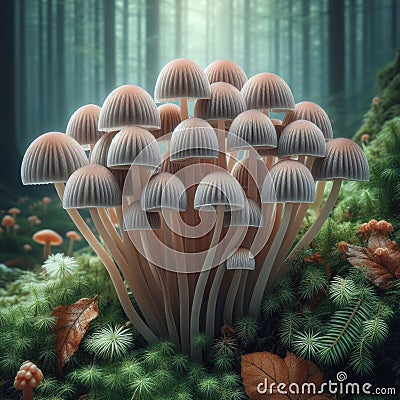 Beautiful Bonnet mushrooms in mossy forest Stock Photo