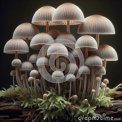 Beautiful Bonnet mushrooms in mossy forest Stock Photo