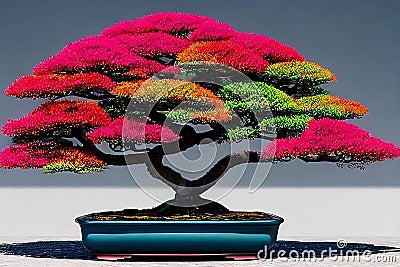 Beautiful Bonsai tree with colorful multicolored leaves, in a pot, generative ai Stock Photo