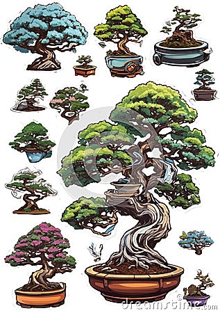 Beautiful bonsai trees sticker set Asian aesthetics Stock Photo