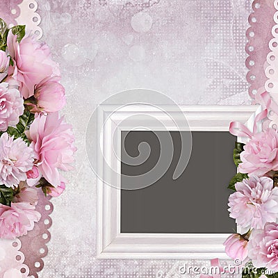 Beautiful borders of pink roses and frame on a gentle romantic vintage background Stock Photo