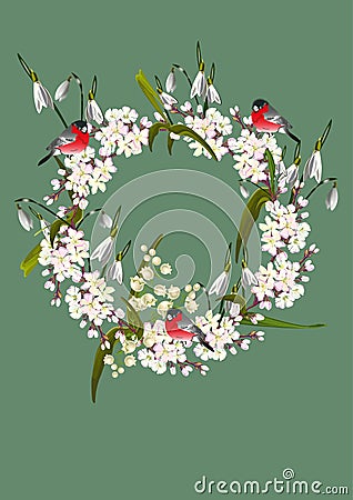 beautiful botanical composition with spring flowers and leaves on background Cartoon Illustration