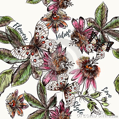 Beautiful botanical pattern with and drawn vintage flowers Stock Photo