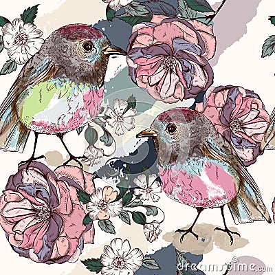 Beautiful botanical pattern in vintage style with birds and rose Stock Photo