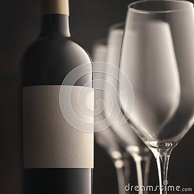 beautiful bottle of wine three glasses close-up fragment square photo. a white empty copy space label. Stock Photo