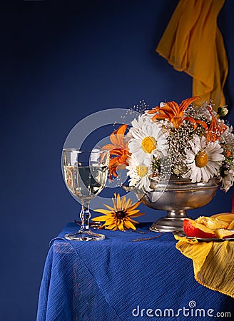 Beautiful bouquet bright summer flowers on a blue background Stock Photo