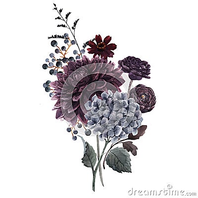 Beautiful bouquet composition with watercolor dark blue, red and black dahlia hydrangea flowers. Stock illustration. Cartoon Illustration