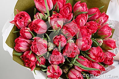 Beautiful bouquet Crimson tulip with in woman hand . colorful color mix flower Stock Photo