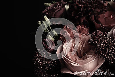 Beautiful bouquet of different flowers on background, closeup. Floral card design with dark vintage effect Stock Photo