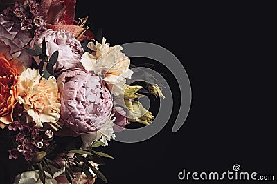 Beautiful bouquet of different flowers on black background, space for text. Floral card design with dark vintage effect Stock Photo