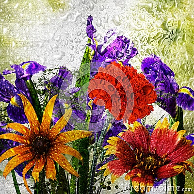 Beautiful bouquet of flowers that are outside the window on the glass of which there are many drops of water Stock Photo