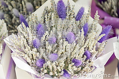 Beautiful bouquet of lavender for holiday. Florist work Stock Photo